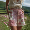 Women's Patchwork Sashiko Embroidered Sakura Contrast Waist Drawstring Pocket Shorts elevenforest