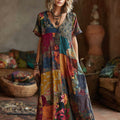 Stereoscopic Embroidery Stitching Fabric Flower Vintage Tie-dye V-neck Short-sleeved Long Dress elevenforest