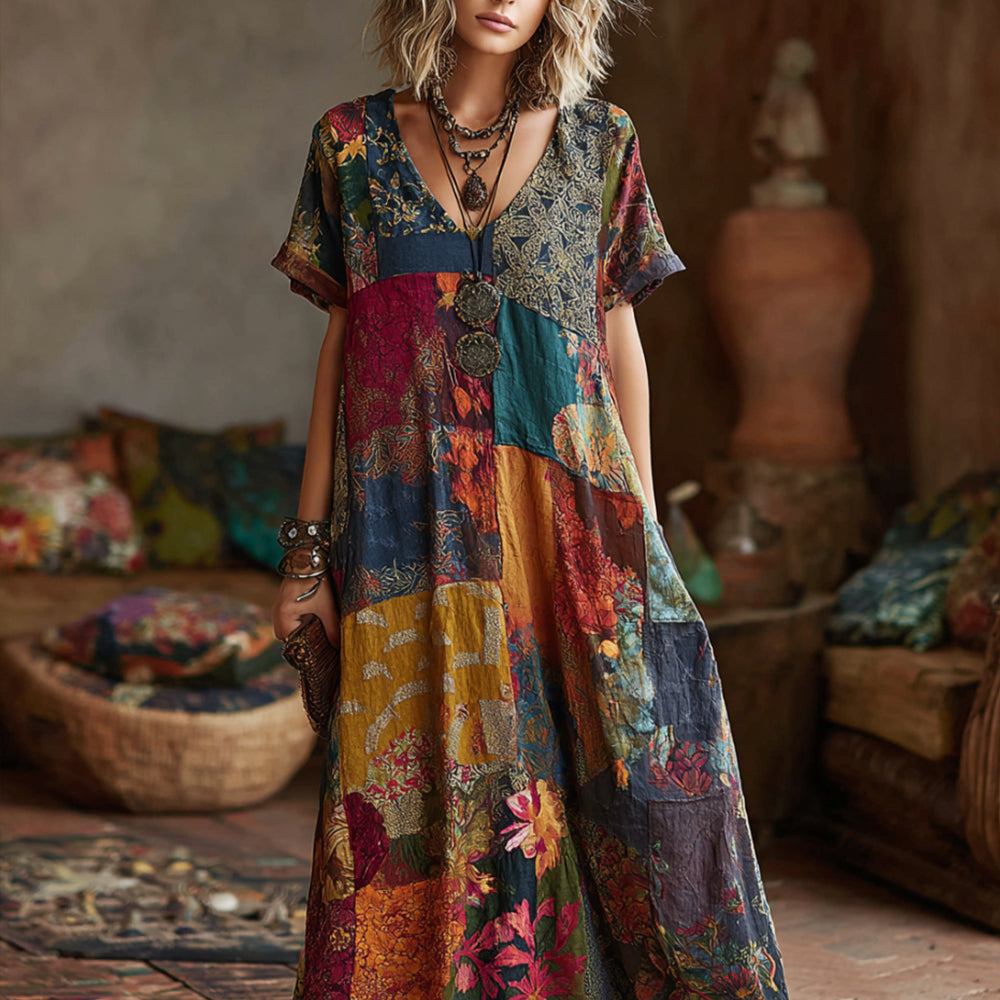 Stereoscopic Embroidery Stitching Fabric Flower Vintage Tie-dye V-neck Short-sleeved Long Dress elevenforest