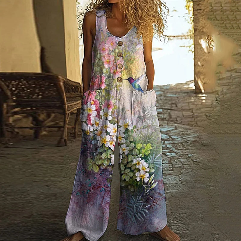 Women's Floral Bird Print Wide Leg Jumpsuit elevenforest
