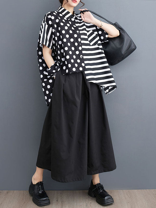 Loose Short Sleeves Buttoned Contrast Color Pockets Polka-dot Split-back Split-joint Striped Lapel Blouses&shirts Tops