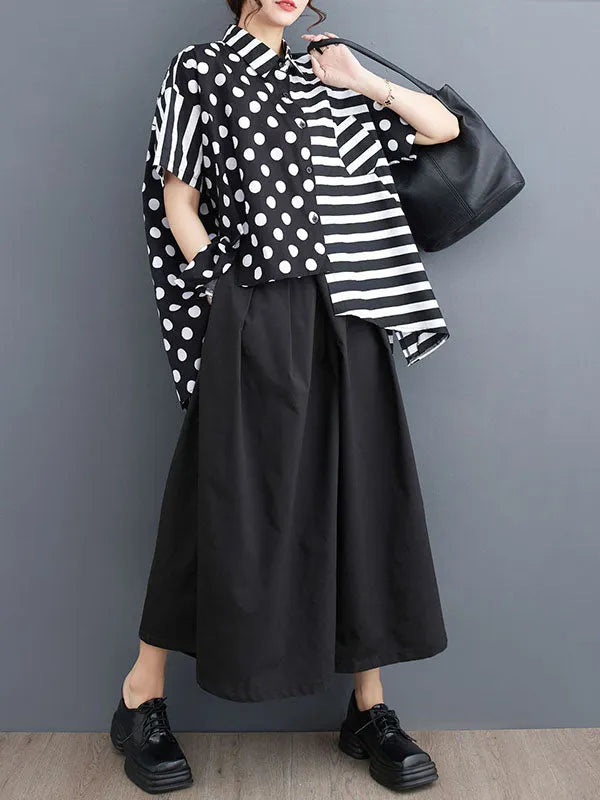 Loose Short Sleeves Buttoned Contrast Color Pockets Polka-dot Split-back Split-joint Striped Lapel Blouses&shirts Tops