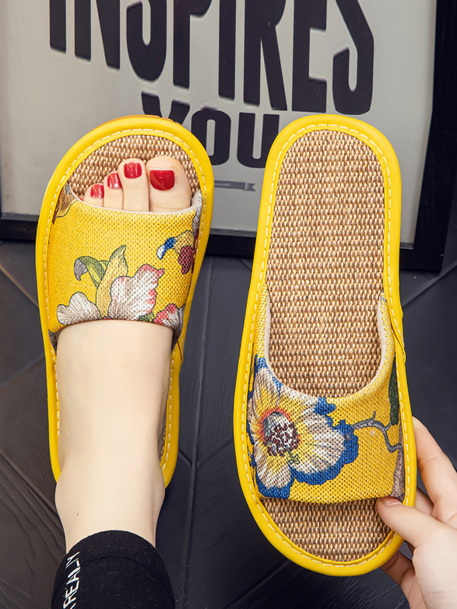 Summer Couple Linen Flower Print Indoor Flat Slippers Cc008