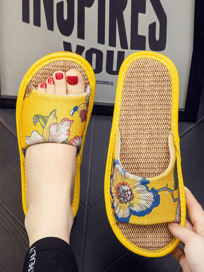 Summer Couple Linen Flower Print Indoor Flat Slippers Cc008