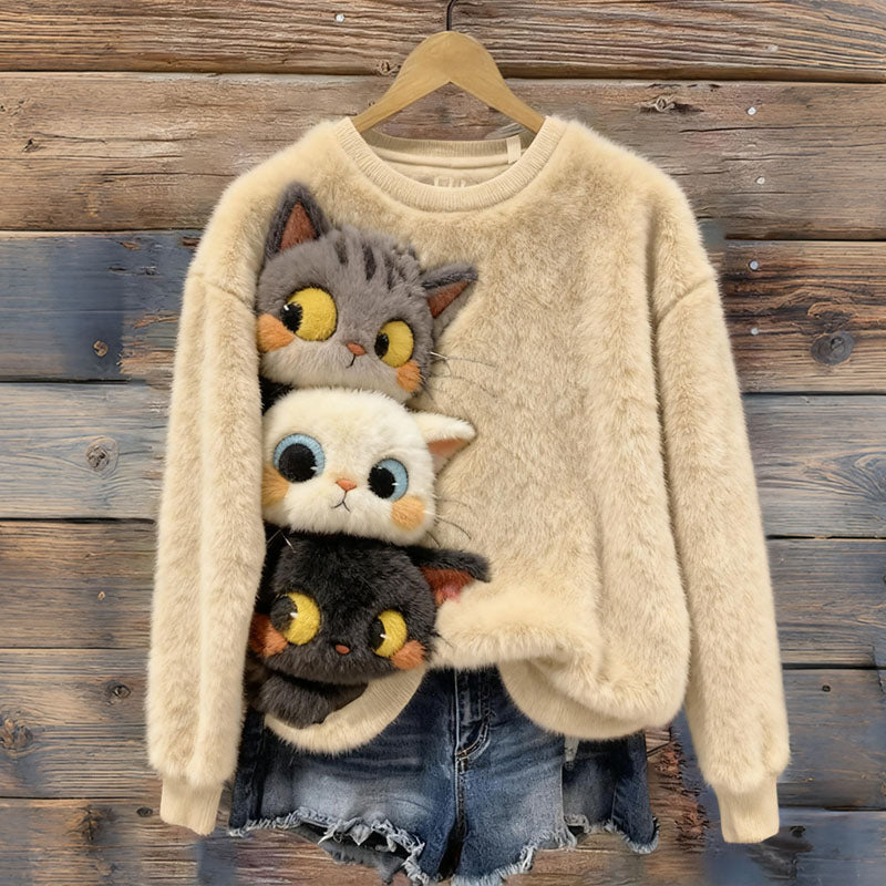 Comstylish Cute Cat Plush Warm Crew Neck Sweater