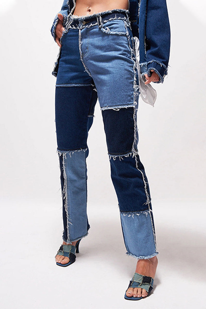 Color Block Patch Contrast Mid Waist Regular Denim Jeans(6 Colors)
