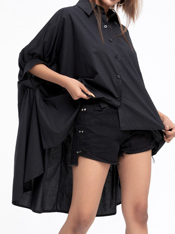 Batwing Sleeves High-low Color Lapel Blouses&shirts Tops