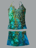 V-Neck Vintage Multicolor Art Print Suspender Skirt Tankini Pantskirt Set Swimsuit
