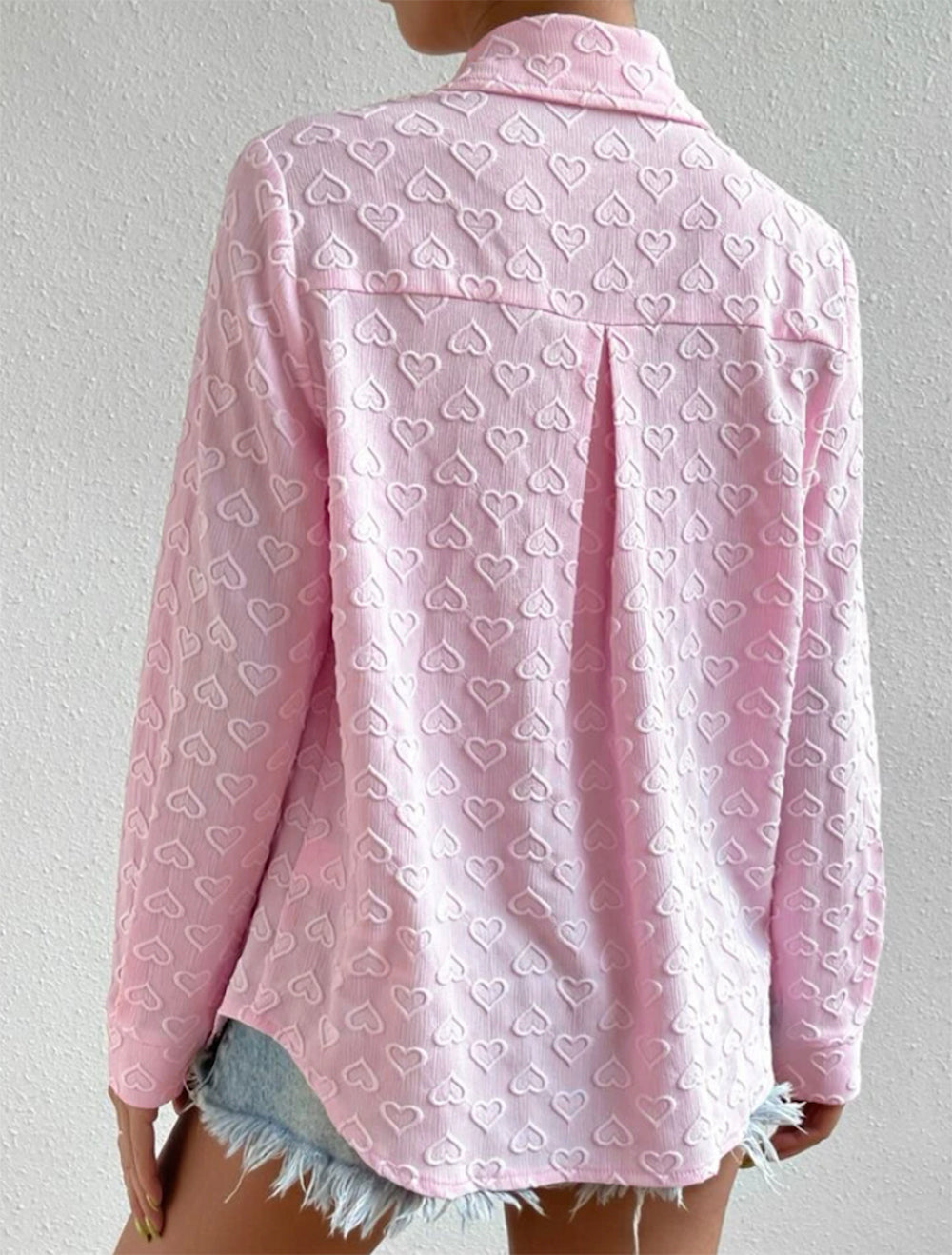 Early Autumn Wear Long Sleeve Collared Shirt Heart Shaped Jacquard Cardigan Top