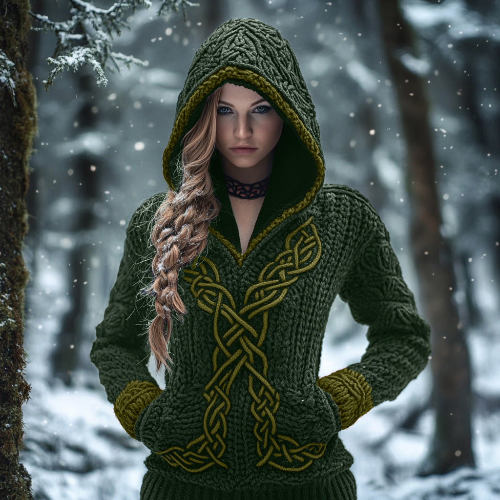 Women's Viking Celtic Knot Jacquard Knit Hooded Sweater elevenforest