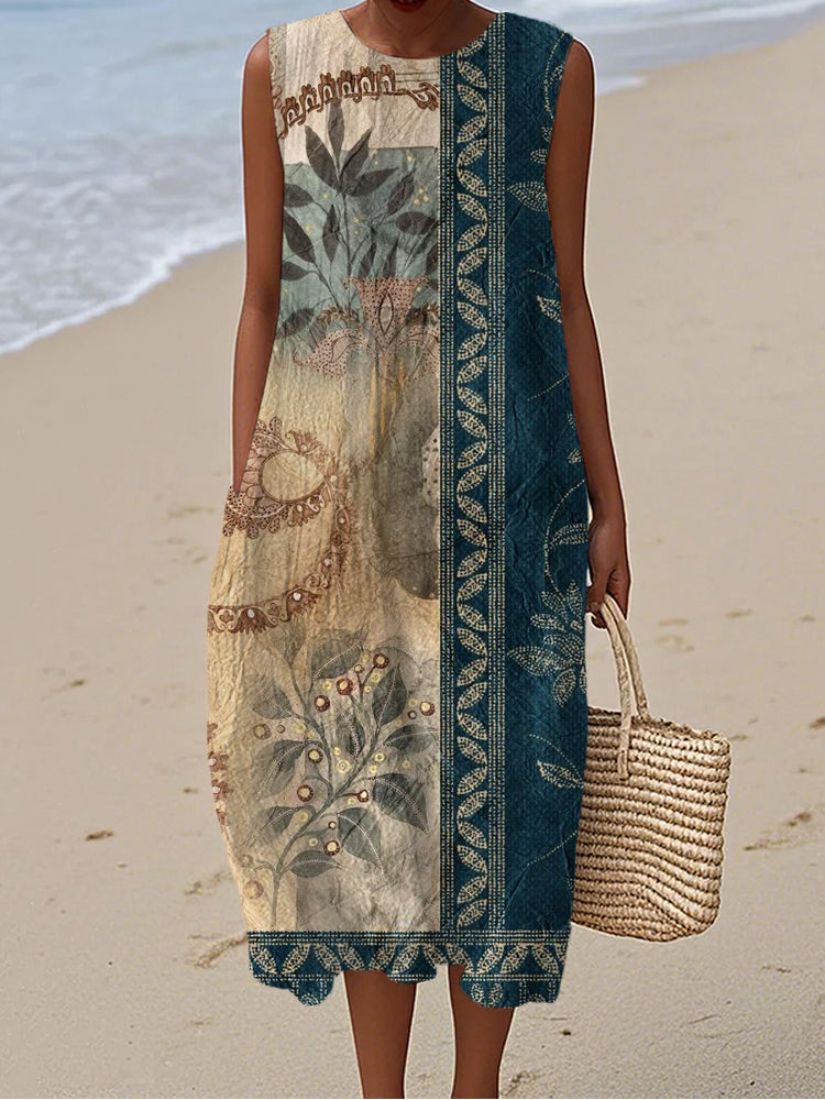Vintage Floral Patterned Women's Linen Vest Dress elevenforest