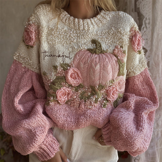 Thankful Embroidered Thanksgiving Pink Pumpkins Floral Cozy Knit Sweater