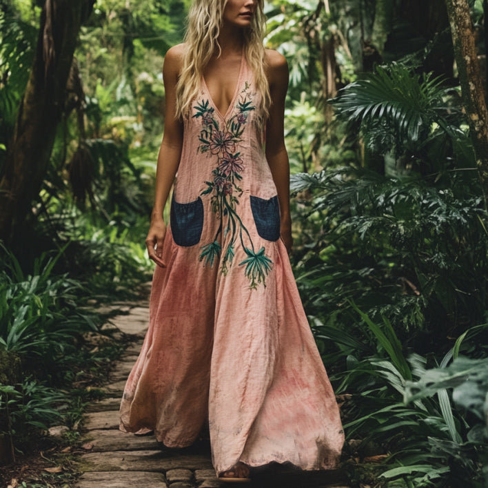 Bohemian Floral Embroidery Sleeveless  Cozy Linen Maxi Dress elevenforest