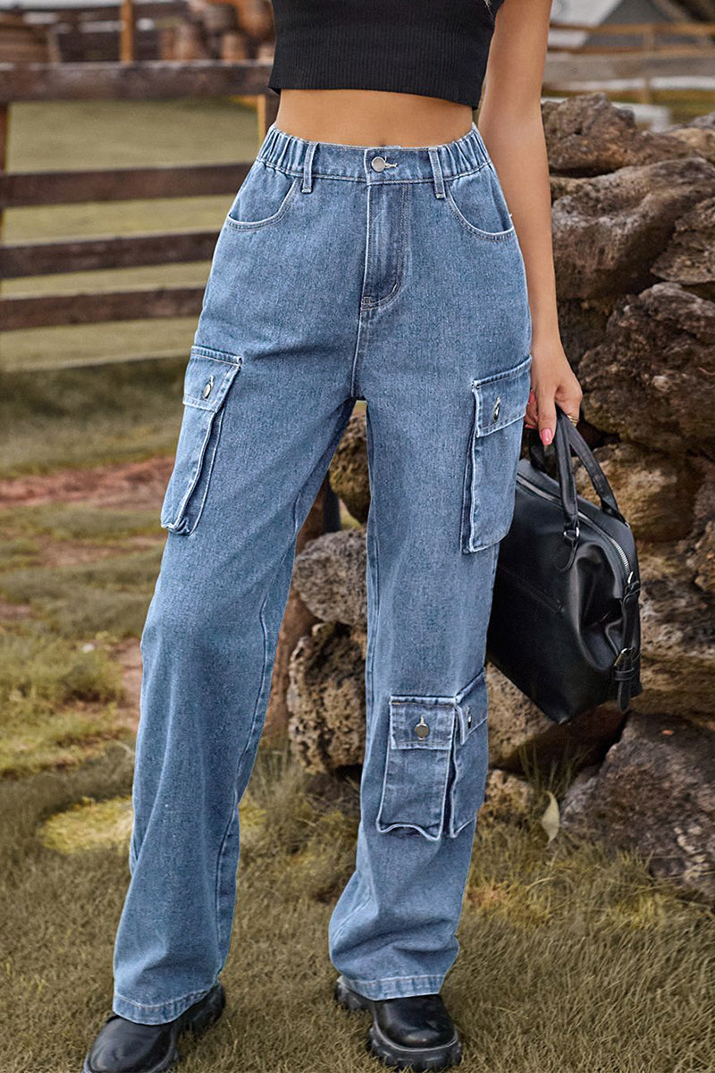 Street Pocket Mid Waist Loose Denim Jeans