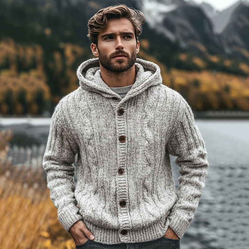 Men's Knitted Chunky Design Hooded Button Sweater elevenforest