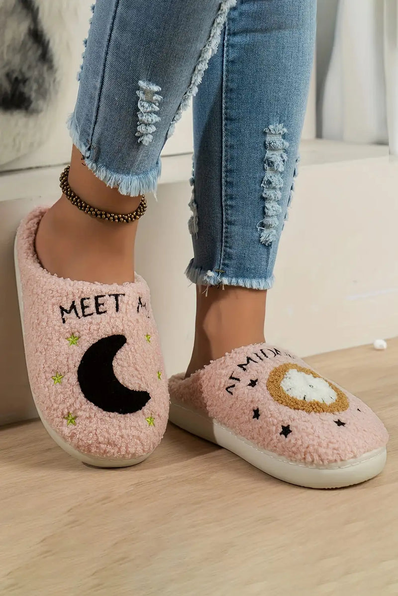 Cozy Light Pink Moon Clock Fuzzy Home Slippers