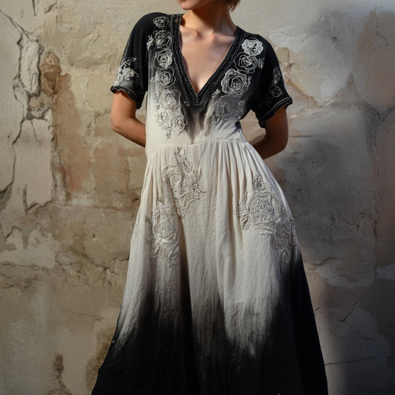 Vintage Roses Embroidered Gradient V Neck Linen Maxi Dress elevenforest