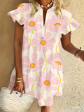 Flower Ruffled Short-sleeved V-neck Buttoned Dress Vacation Beach Dress