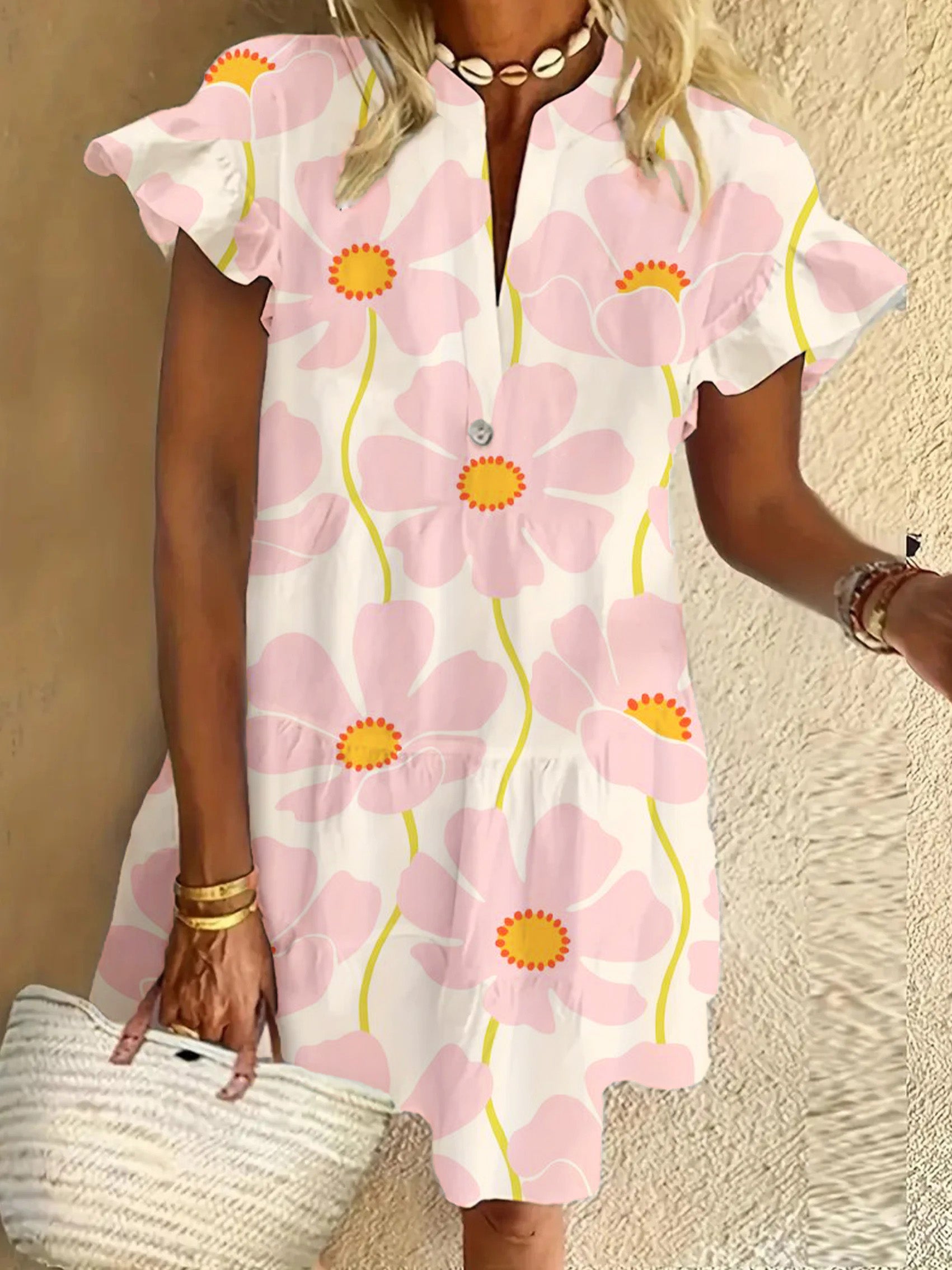 Flower Ruffled Short-sleeved V-neck Buttoned Dress Vacation Beach Dress