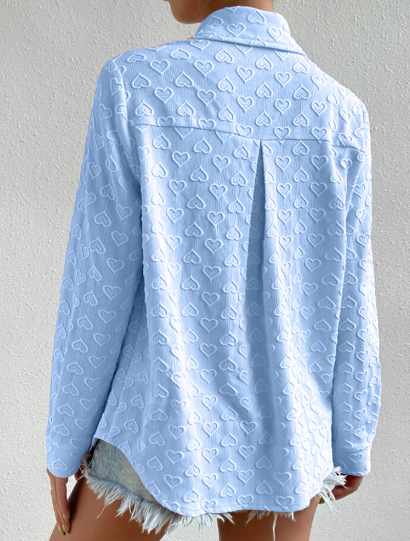 Early Autumn Wear Long Sleeve Collared Shirt Heart Shaped Jacquard Cardigan Top