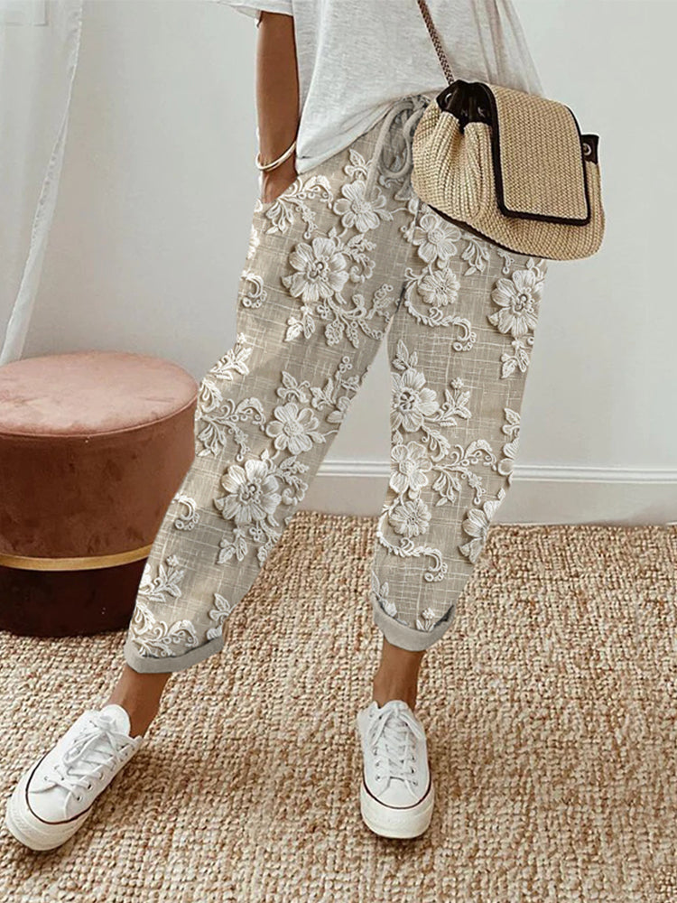 Vintage Floral Lace Embroidered Linen Blend Casual Pants elevenforest