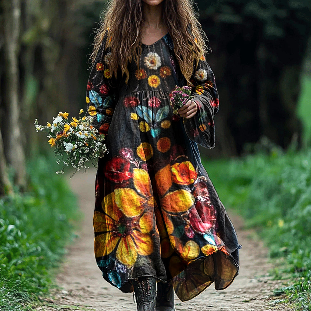Vintage Boho Floral Art Linen Blend Maxi Dress elevenforest