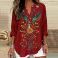 Women's Retro Ethnic Flower And Bird Art V-neck Shirt elevenforest