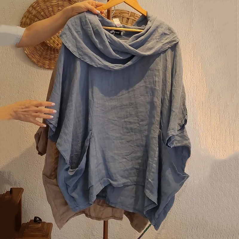 Women's Solid Color Draped Neck 3/4 Sleeve Front And Back Wear Comfortable Casual Linen Pocket Top elevenforest