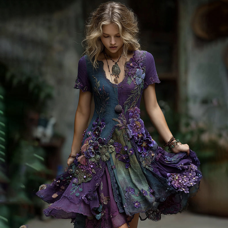 Vintage Embroidered Pansy Floral Midi Dress elevenforest