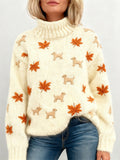 Comstylish Cute Dog & Maple Leaf Embroidered Knit Turtleneck Sweater