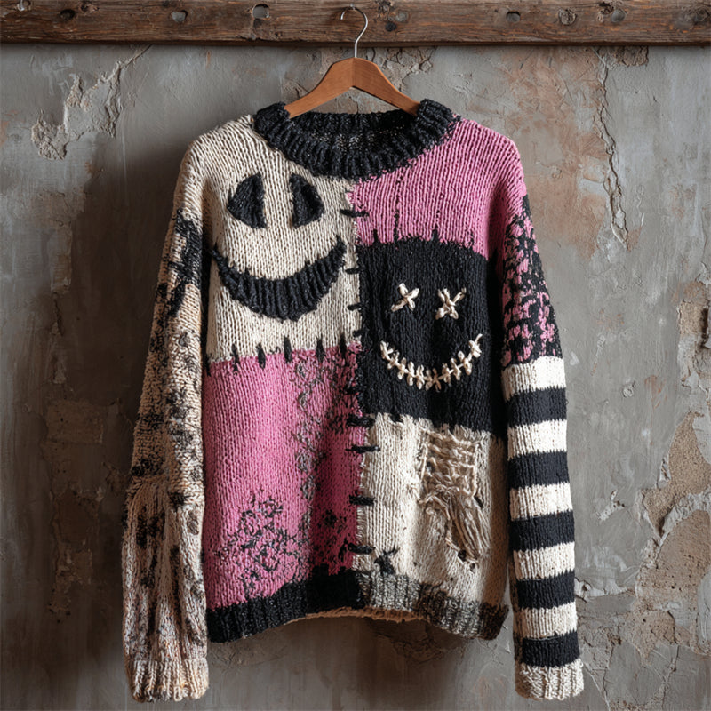 Halloween Spooky Faces Patchwork Stitched Cozy Knit Sweater elevenforest