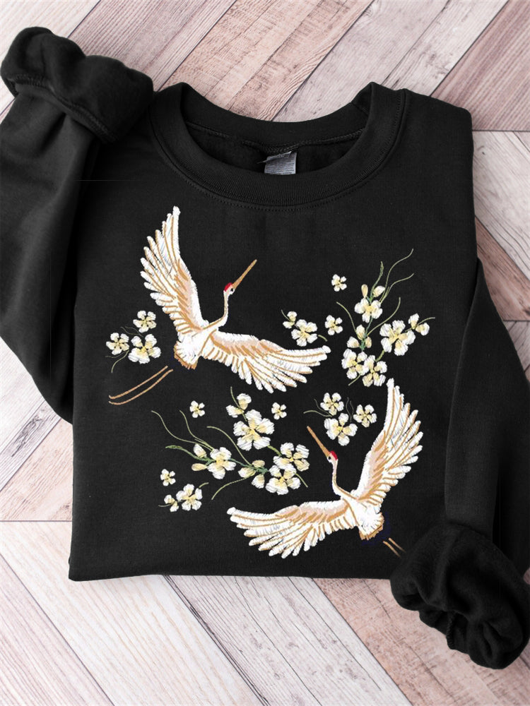 Cranes & Flowers Japanese Embroidery Art Sweatshirt elevenforest