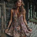 Women's Boho Floral Art V Neck Comfy Sleeveless Midi Dress elevenforest