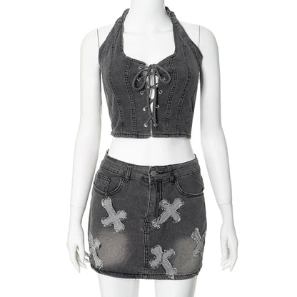 Summer Denim Embroidery Set Sleeveless Bandage Hollow Backless Tops Bodycon Mini Skirts Two Piece