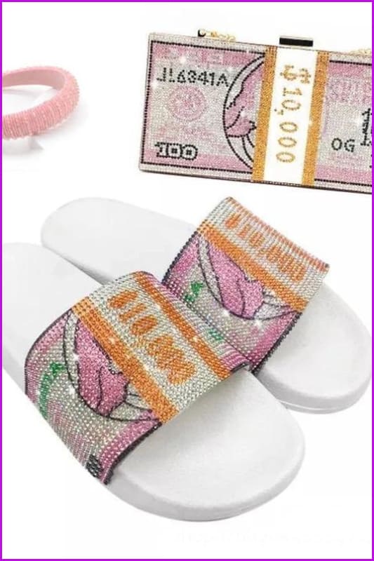 Rhinestone Dollars Slippers and Handbag/head Hoop F1709