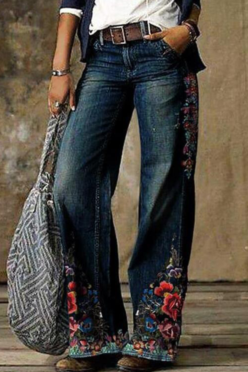 Print Patchwork Boot Cut Denim Jeans(8 Colors)
