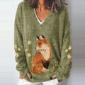 Fox Print V-Neck Knitted Pullover Sweater artswardrobe
