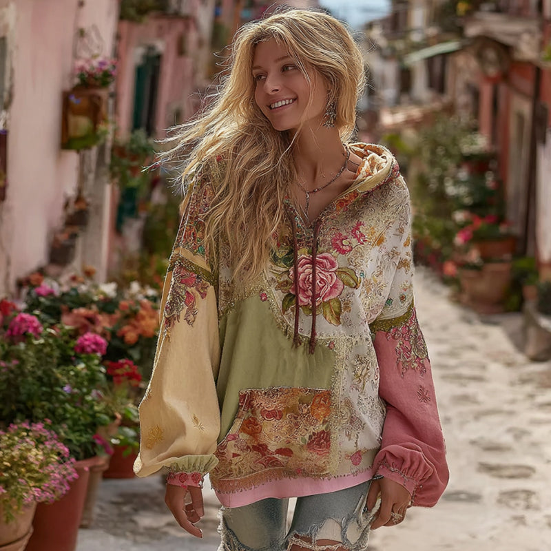 Women's Bohemian Floral And Rose Patchwork Cozy Warm Hoodie elevenforest