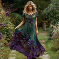 Women's Retro Purple Rose Pattern Gradient Short Sleeve Dress elevenforest