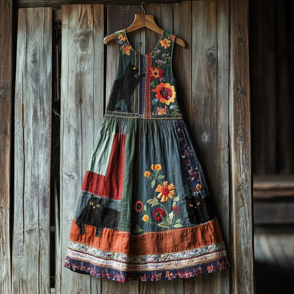 Vintage Black Cat  Floral Linen Tank Dress elevenforest