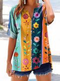 Women's Vintage Floral Art Print Casual Cotton And Linen Shirt