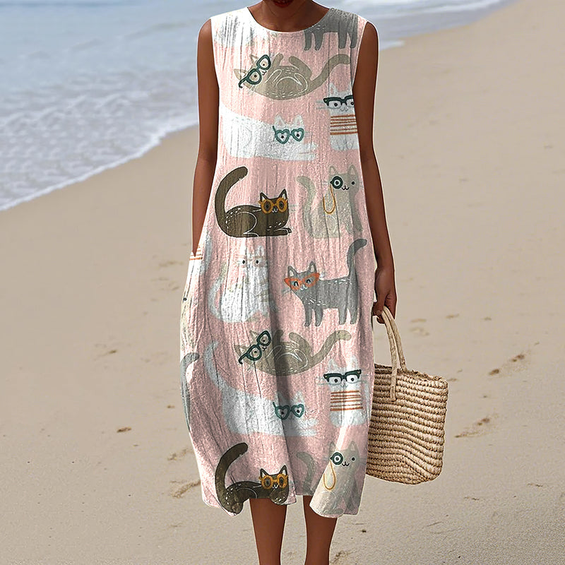 Women's Vintage Cute Cat Art Linen Tank Midi Dress elevenforest