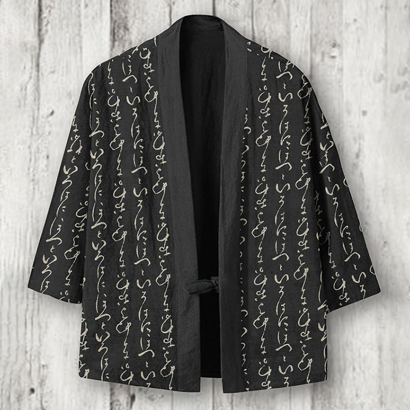Japanese Calligraphy Print Linen Blend Kimono Cardigan elevenforest