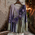 Vintage Classic Purple Lavender And Floral Embroidered Linen V Neck Long Sleeve Shirt elevenforest