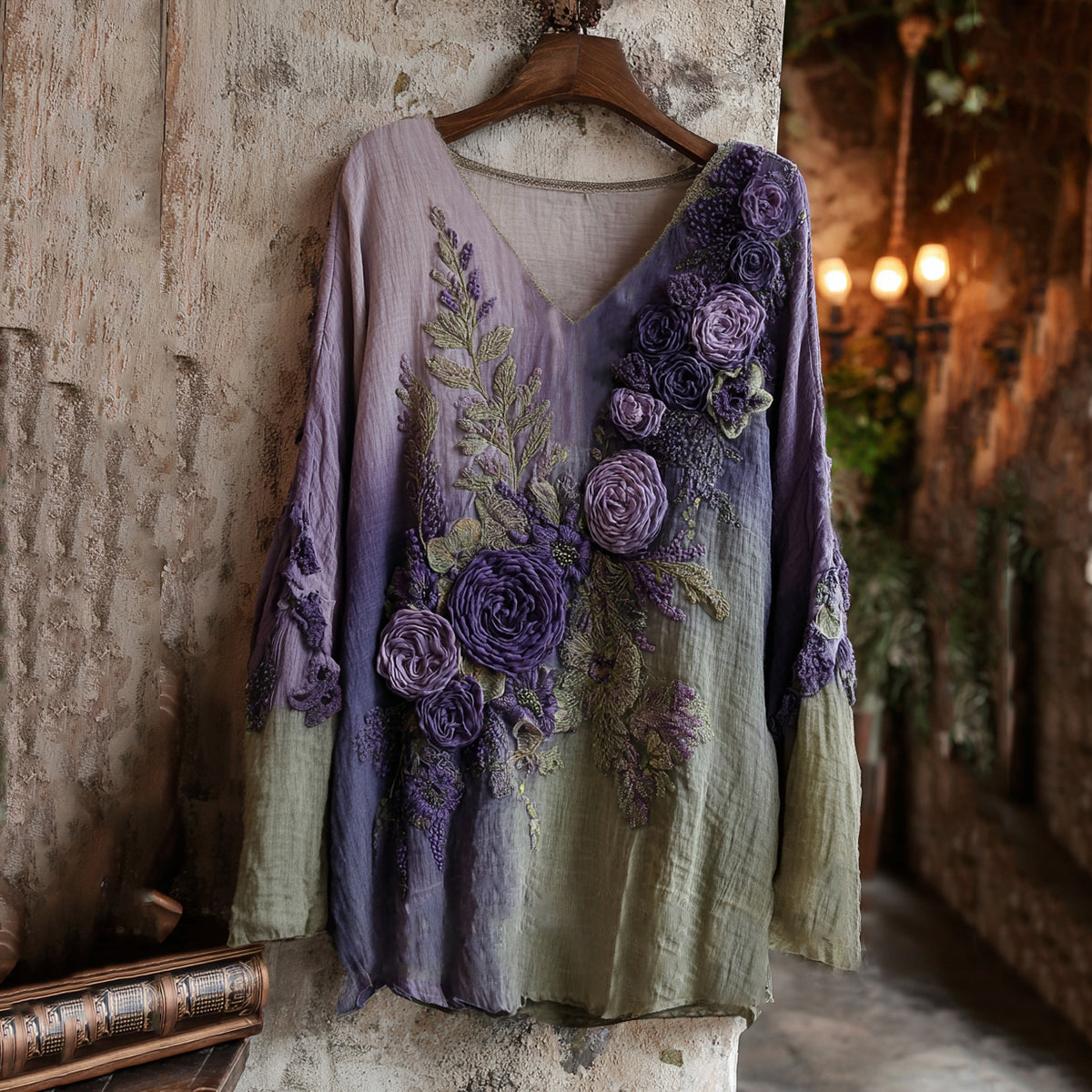 Vintage Classic Purple Lavender And Floral Embroidered Linen V Neck Long Sleeve Shirt elevenforest