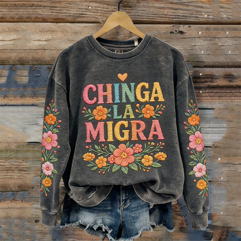 Comstylish Ice Out Chinga La Migra Floral Vintage Washed Sweatshirt