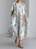 Crane Print Round Neck Short Sleeve Casual Midi Dress