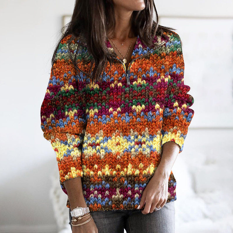 Vintage Geometric Striped Pattern Stand Collar Zipper Women's Sweater elevenforest
