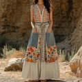 Women's Vintage Ethnic Floral Art Cotton And Linen Pocket Dress elevenforest