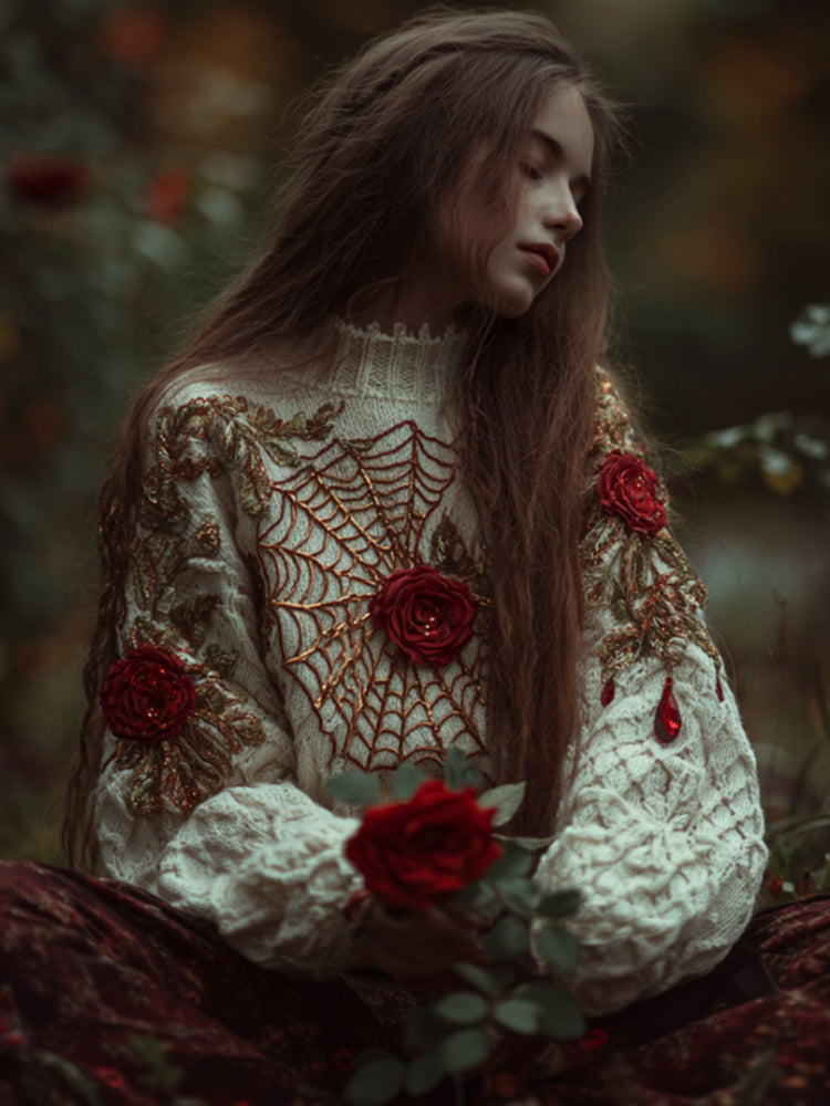 Women Halloween Spider Silk Roses Make Old Round Neck Sweaters elevenforest